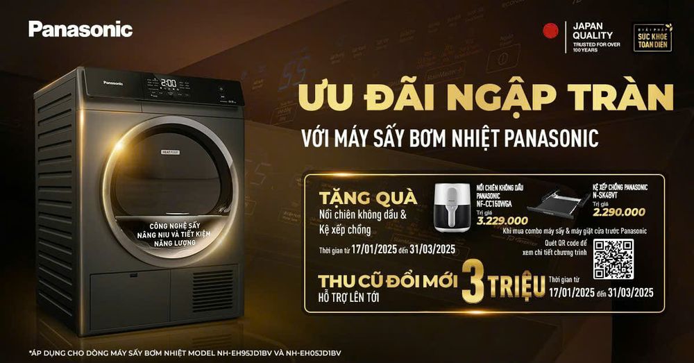 THAY CŨ ĐỔI MỚI - TRỢ GIÁ 3 TRIỆU ĐỒNG DÀNH CHO SẢN PHẨM MÁY SẤY BƠM NHIỆT PANASONIC NH-EH95JD1BV và NH-EH05JD1BV